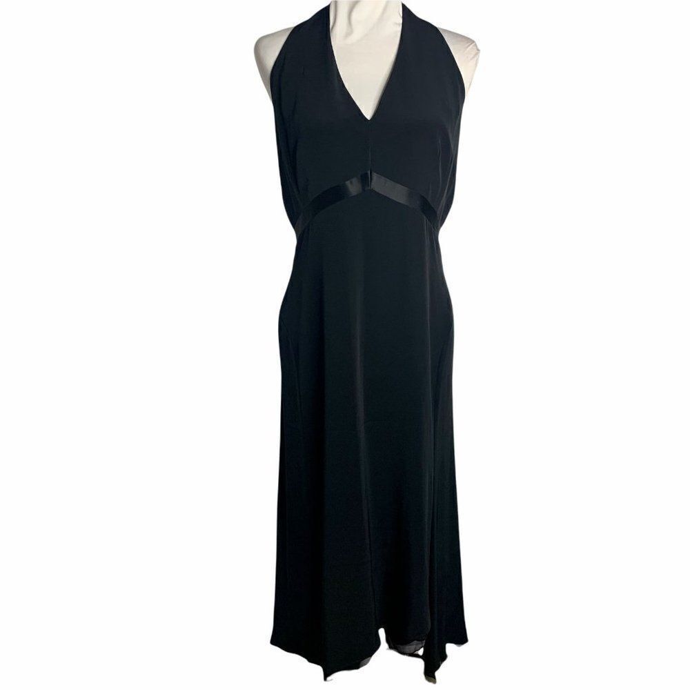 Vintage Satin Halter Evening Dress 14 Black High Low Hem Sleeveless Lined Zipper